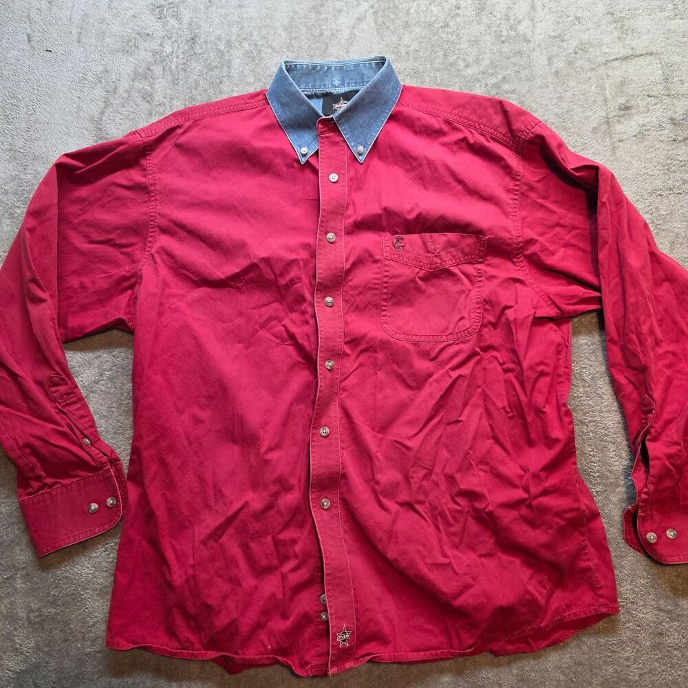 PBR Button Up Shirt Mens XL Red Twill Long Sleeve Western Rodeo Bull Riding